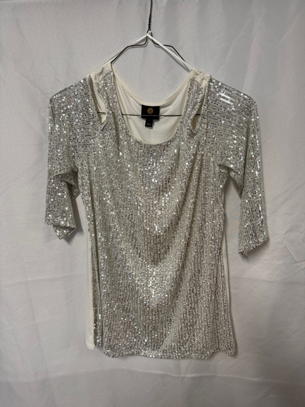 JM Collection Silver Sequin Cold Shoulder Blouse